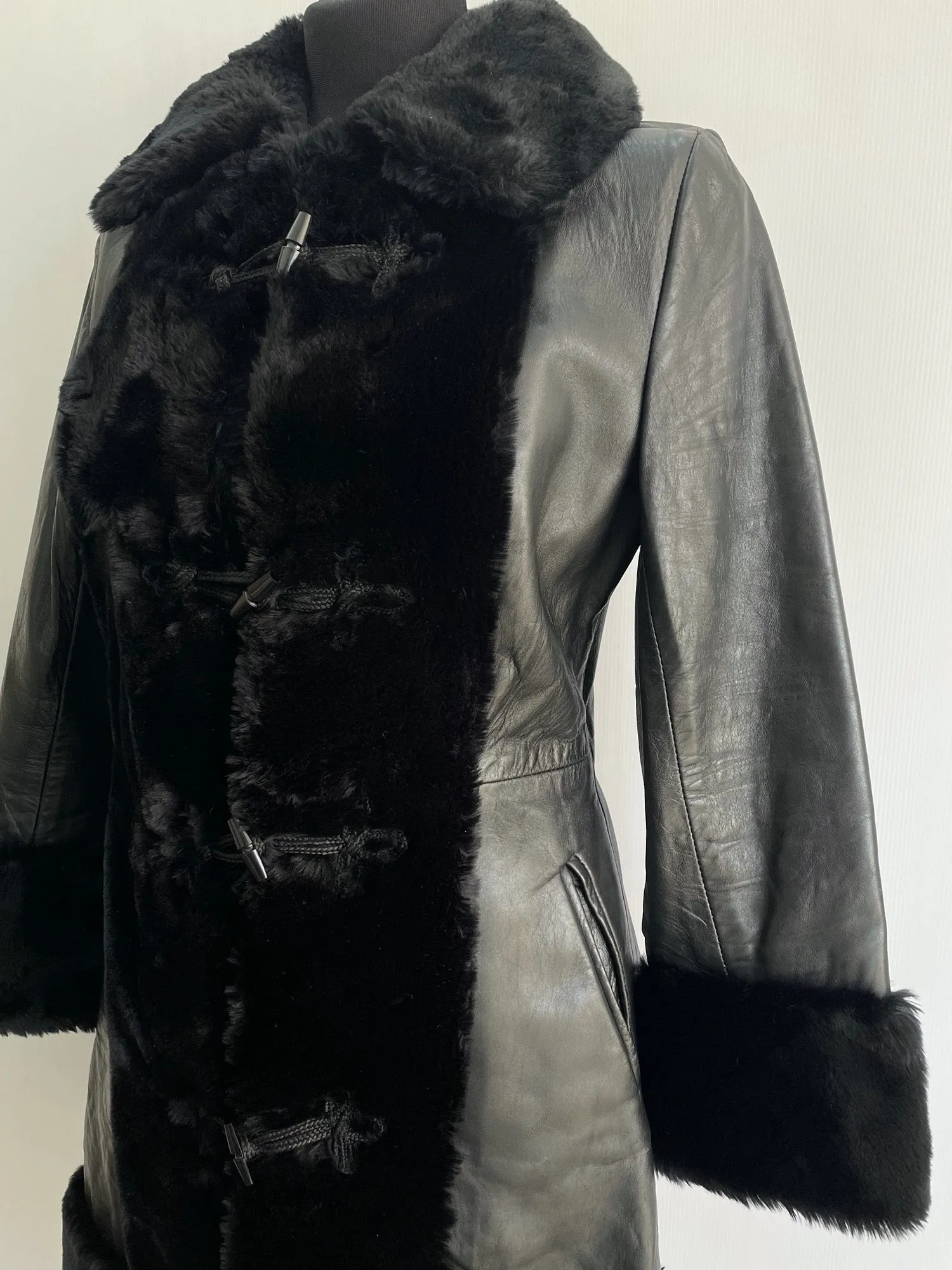 1960s Leather Faux Fur Trim Coat - Size 10