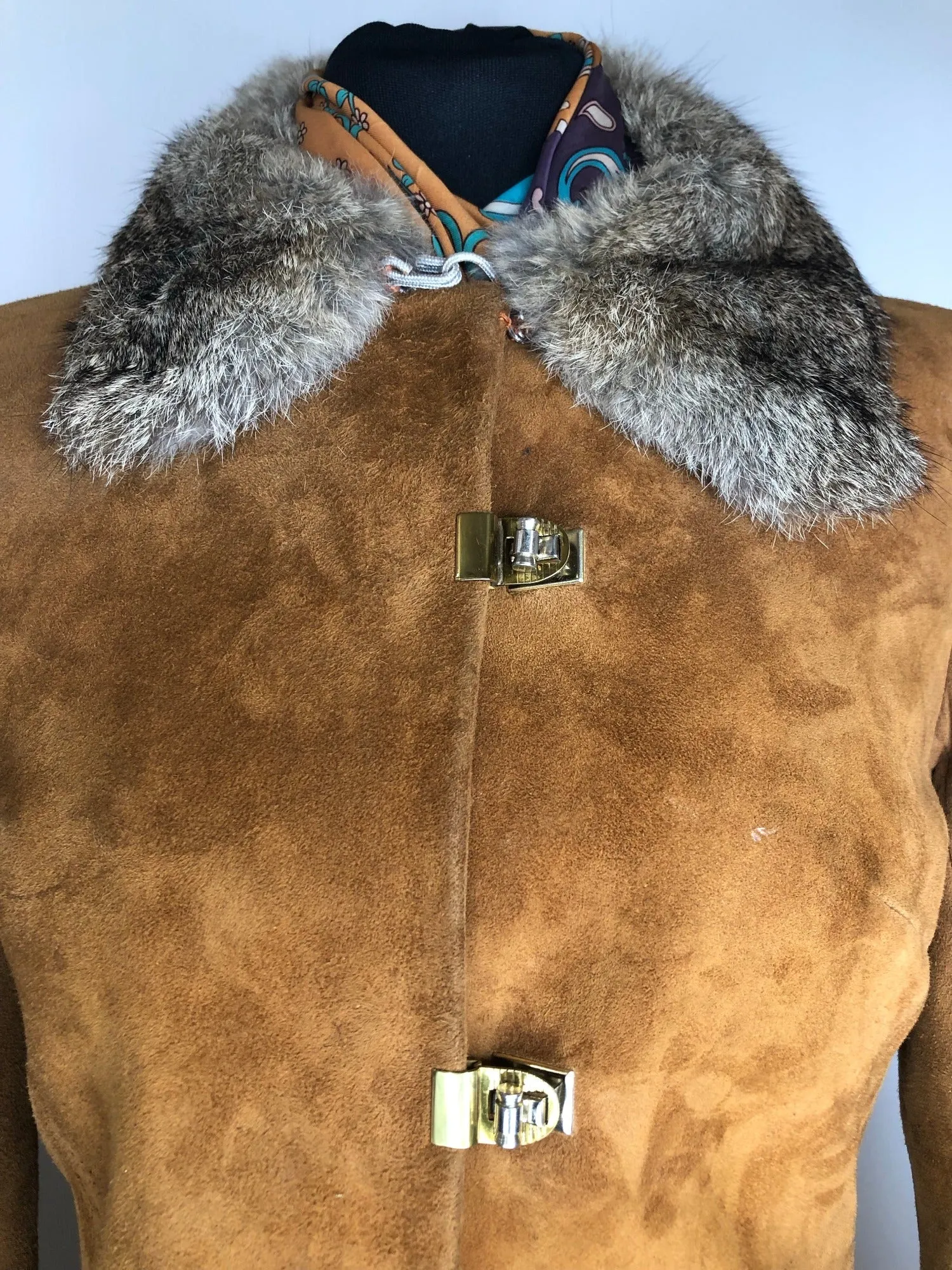 1960s Suede Coat with Fur Trim - Size UK 10