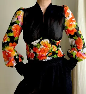 1970's Floral Prairie Dagger Collar Blouse Top