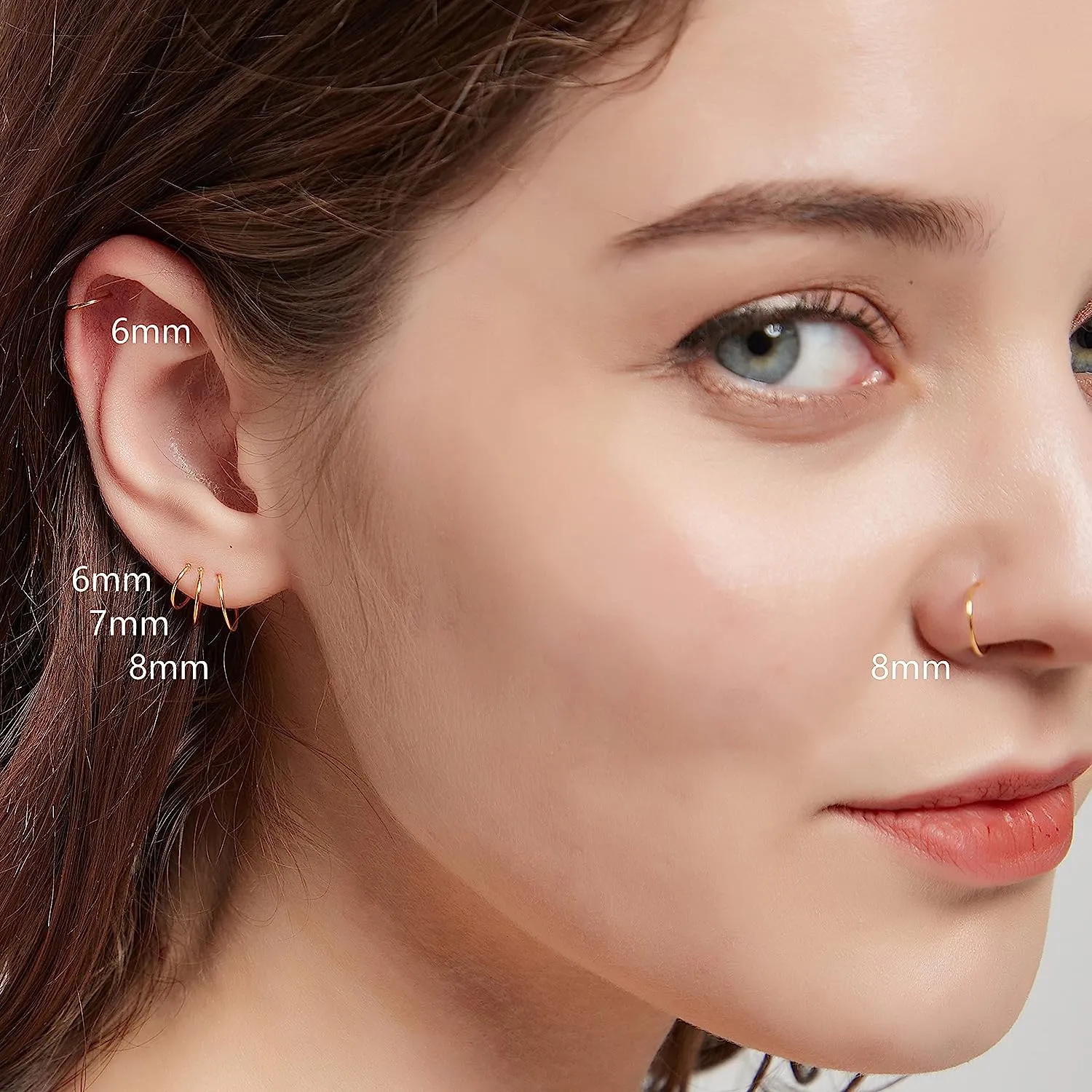 3 Pairs 14k Gold Plated Sterling Silver Small Hoop Earrings Set for Women Cartilage Nose Septum Helix Tragus Rings Multiple Piercing Jewelry, Hypoallergenic Thin Tiny Gold Hoops 6mm 7mm 8mm