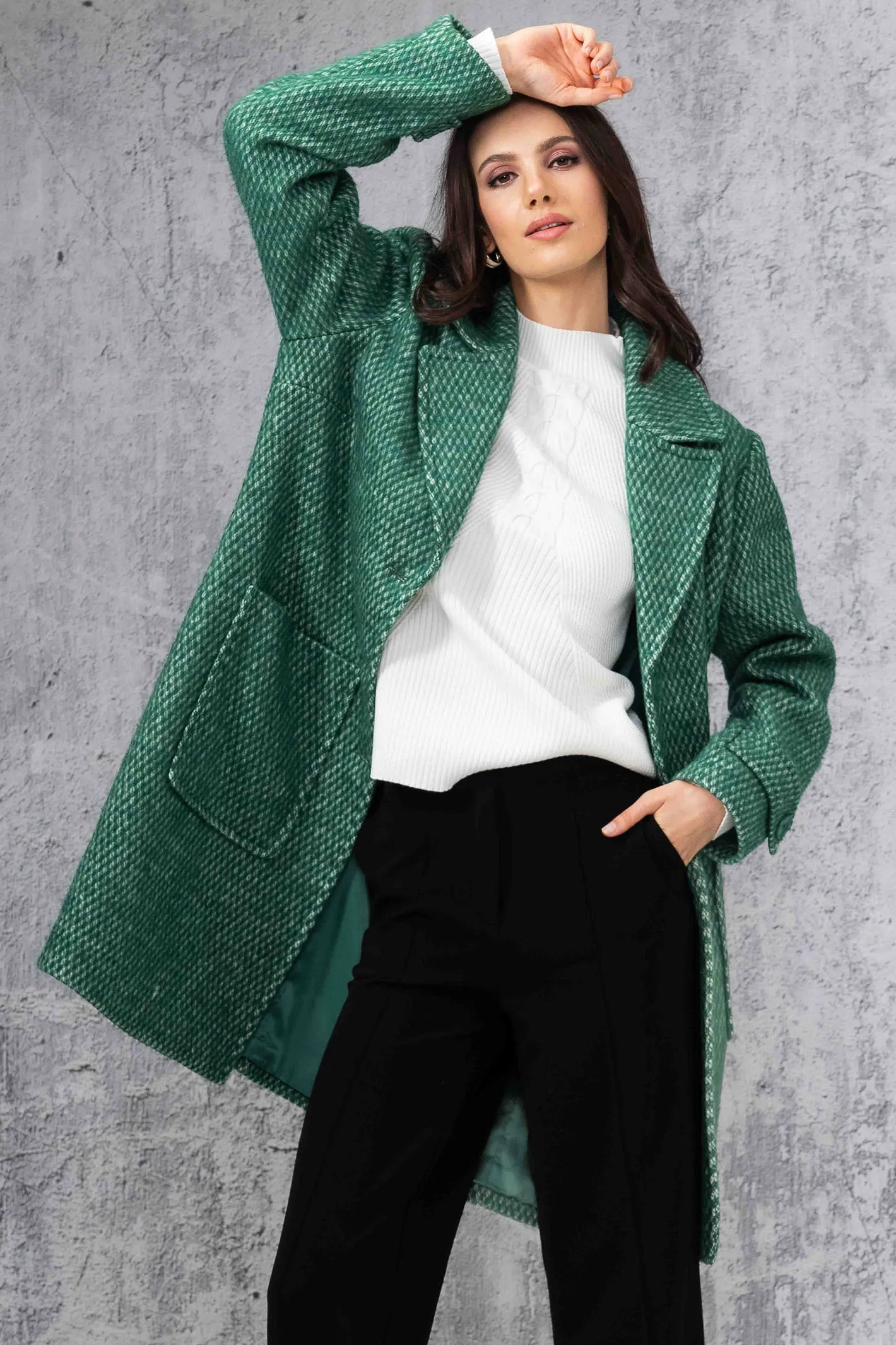 Alison Sheri 44118 Green & White Intricate Weave Coat