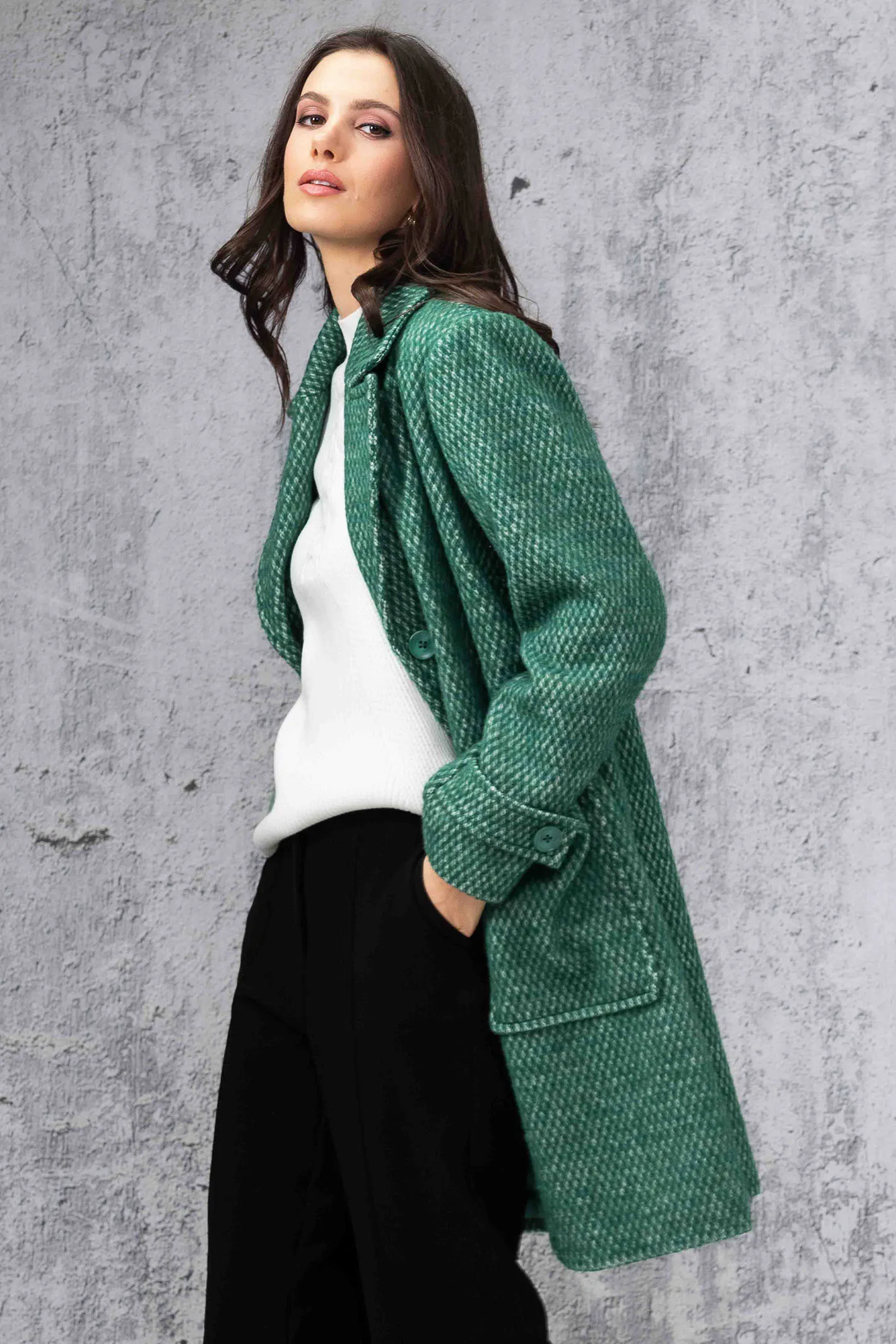 Alison Sheri 44118 Green & White Intricate Weave Coat