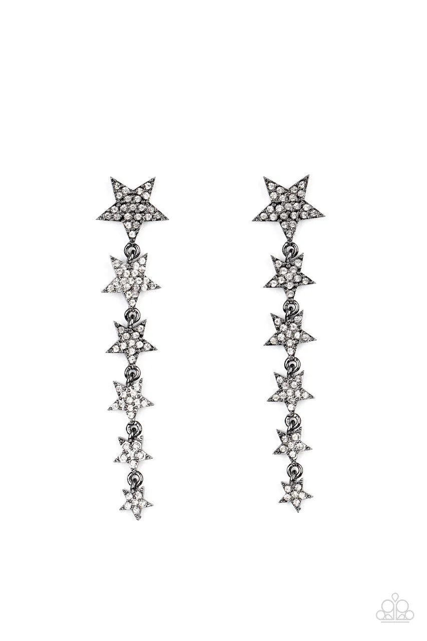 Americana Attitude - Black - White Rhinestone Encrusted Gunmetal Cascading Stars Paparazzi Post Earrings