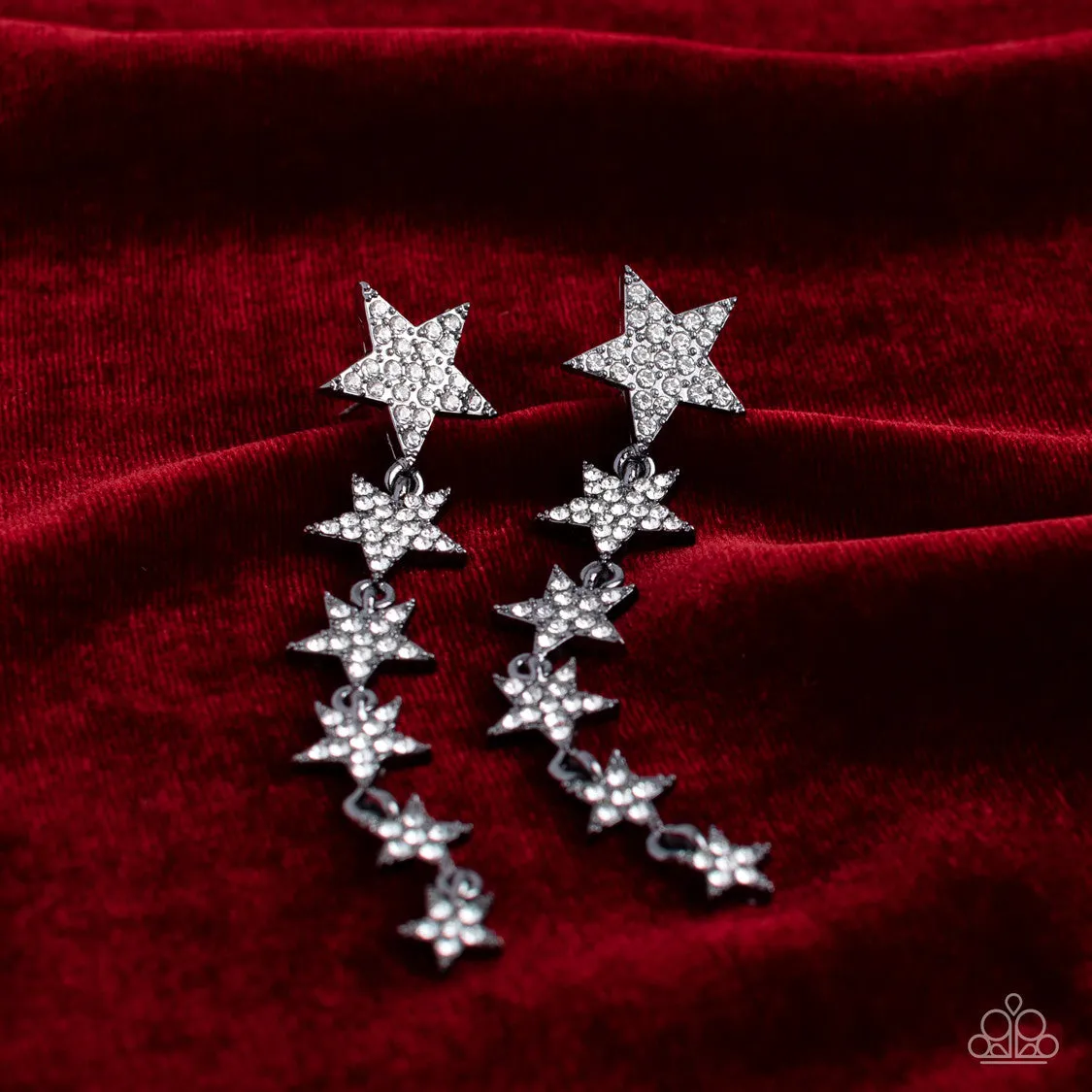 Americana Attitude - Black - White Rhinestone Encrusted Gunmetal Cascading Stars Paparazzi Post Earrings