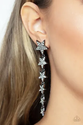 Americana Attitude - Black - White Rhinestone Encrusted Gunmetal Cascading Stars Paparazzi Post Earrings