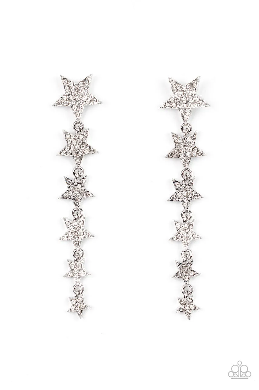 Americana Attitude - White - Rhinestone Encrusted Cascading Stars Paparazzi Post Earrings