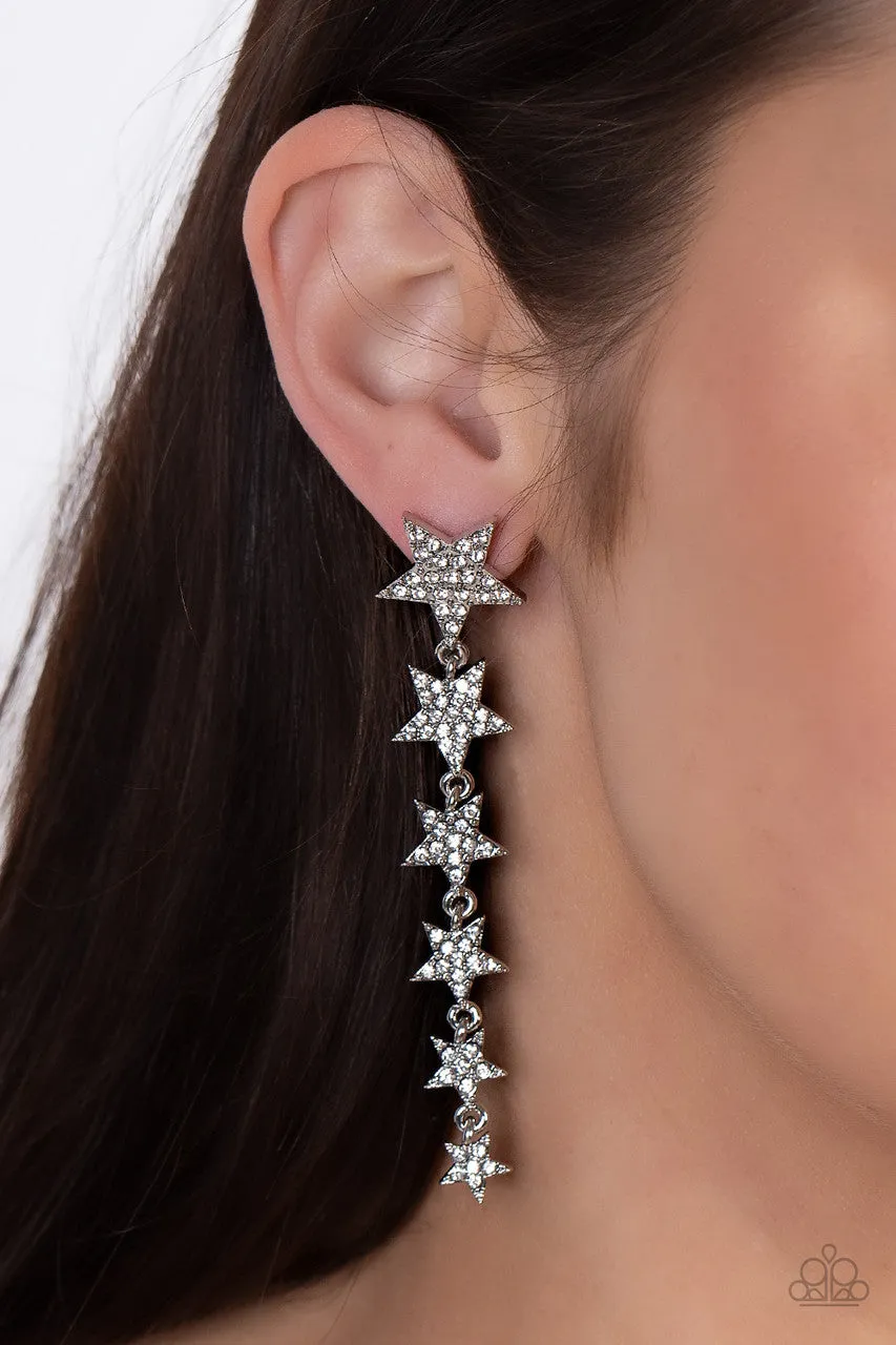 Americana Attitude - White - Rhinestone Encrusted Cascading Stars Paparazzi Post Earrings
