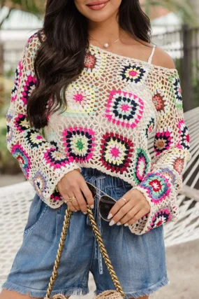 Apricot Boho Crochet Hollow-out Crop Sweater
