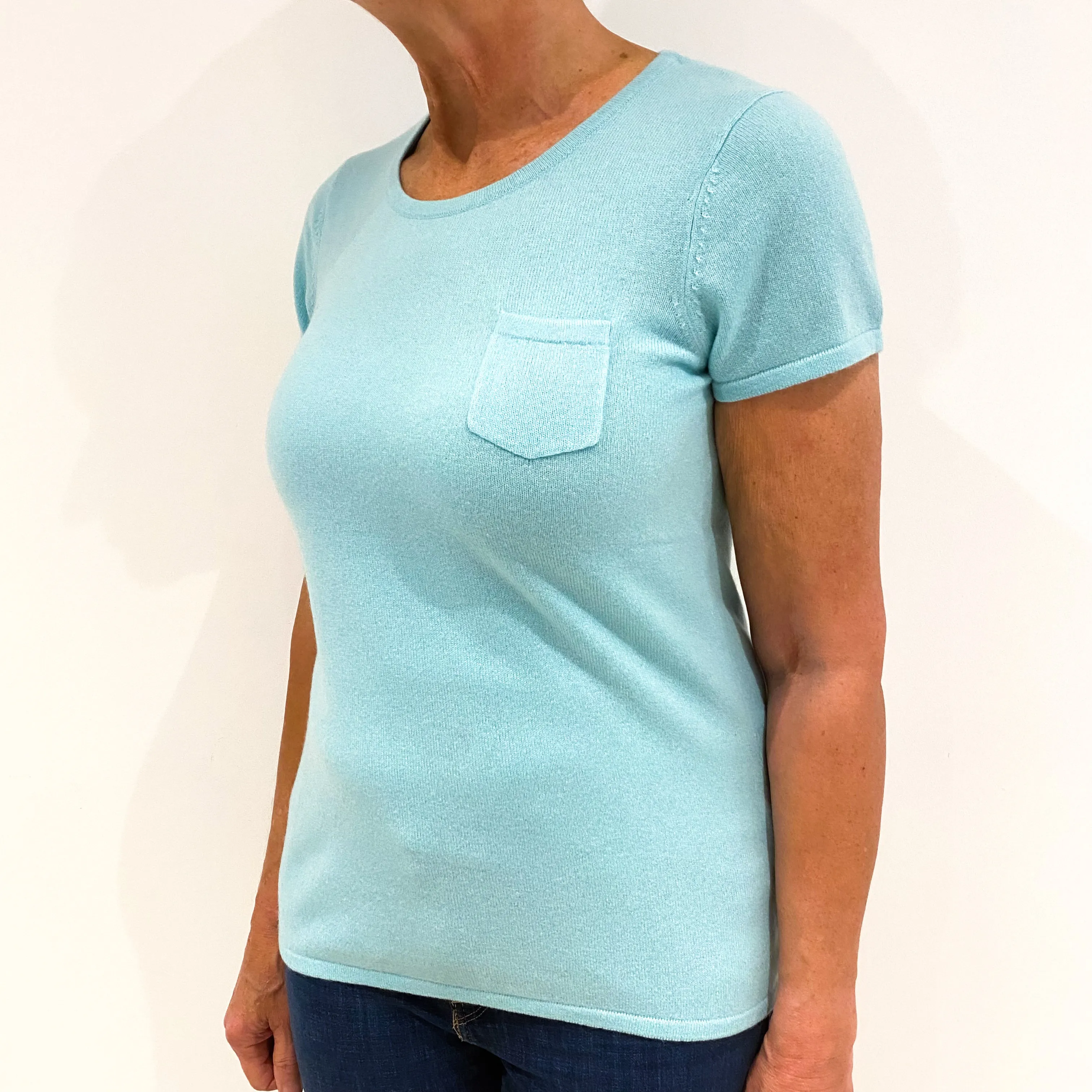 Aqua Blue Short Sleeved Cashmere Crew Neck Jumper Medium