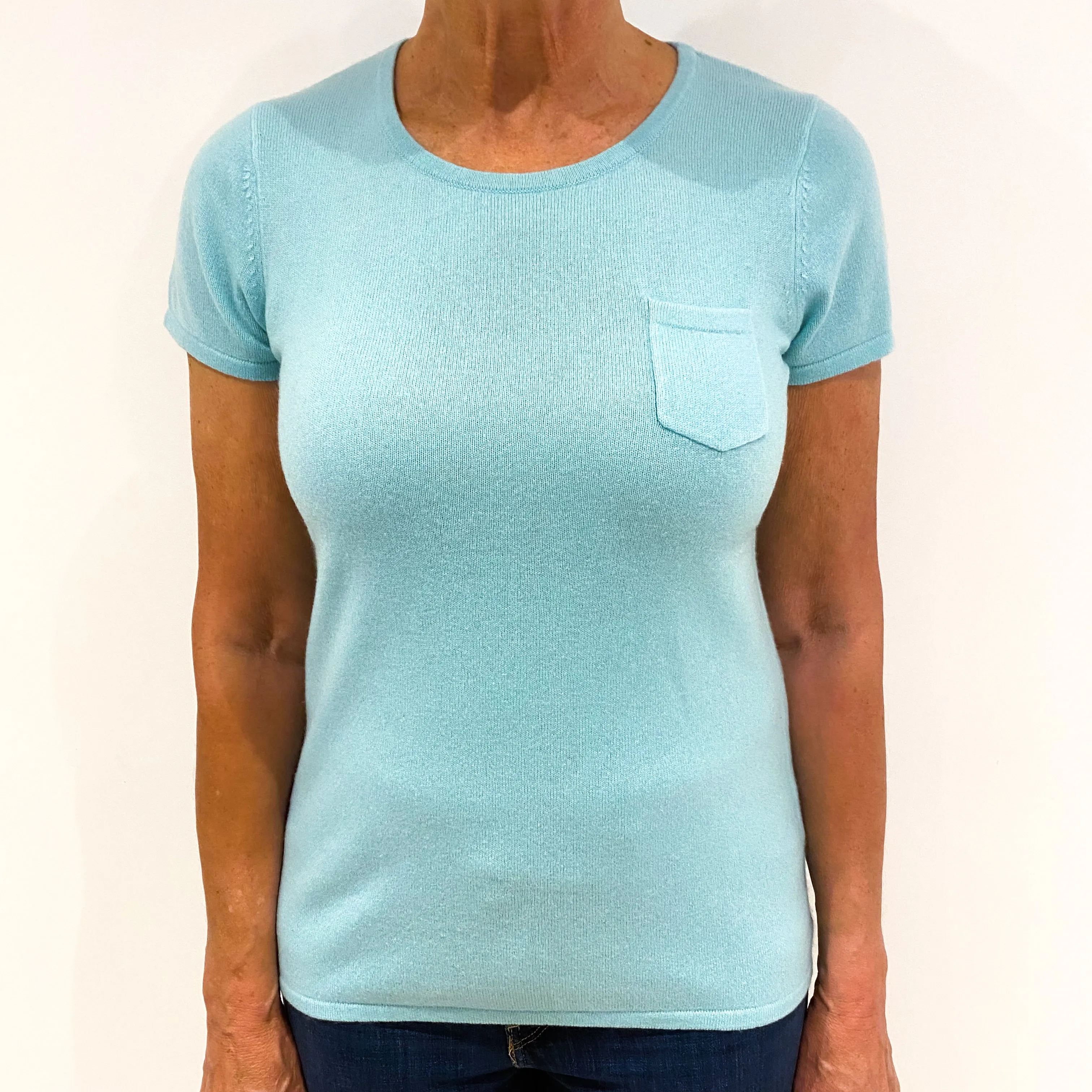 Aqua Blue Short Sleeved Cashmere Crew Neck Jumper Medium
