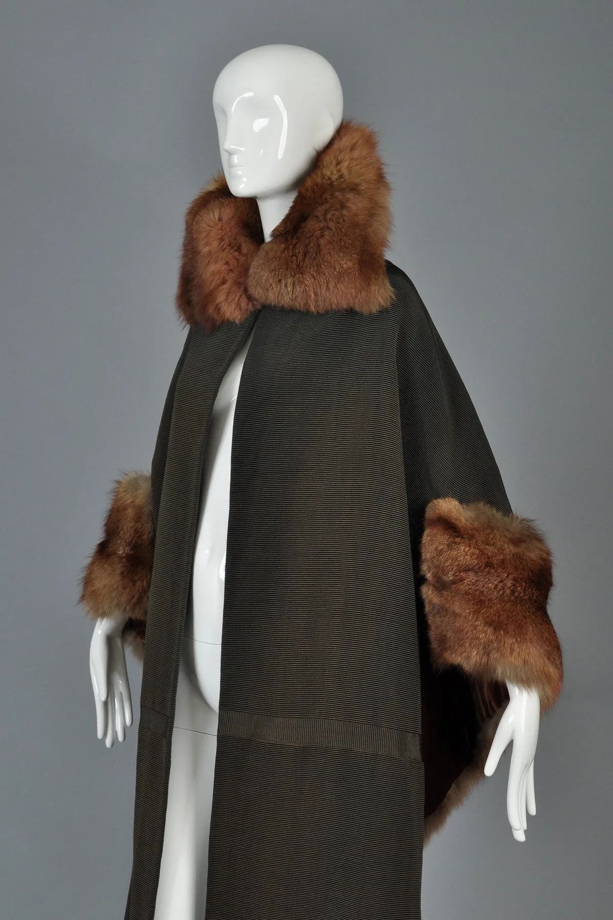 Art Deco Cape-Backed Faille Coat w/Sable Fur Trim