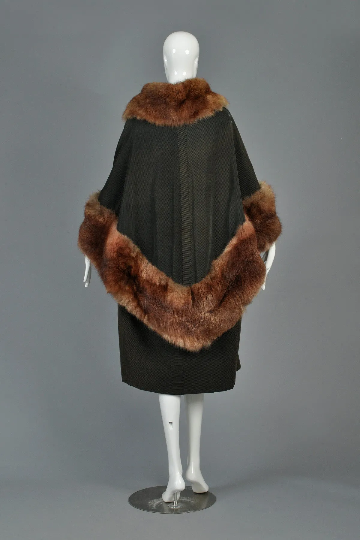 Art Deco Cape-Backed Faille Coat w/Sable Fur Trim