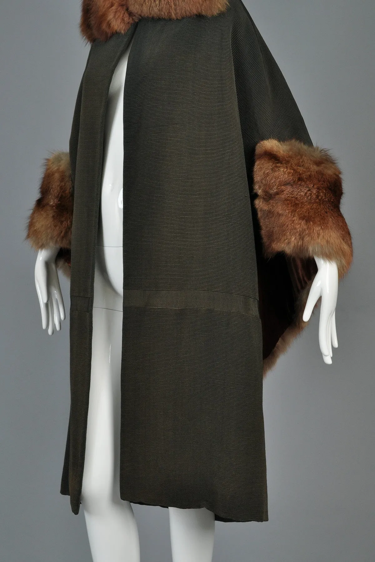 Art Deco Cape-Backed Faille Coat w/Sable Fur Trim
