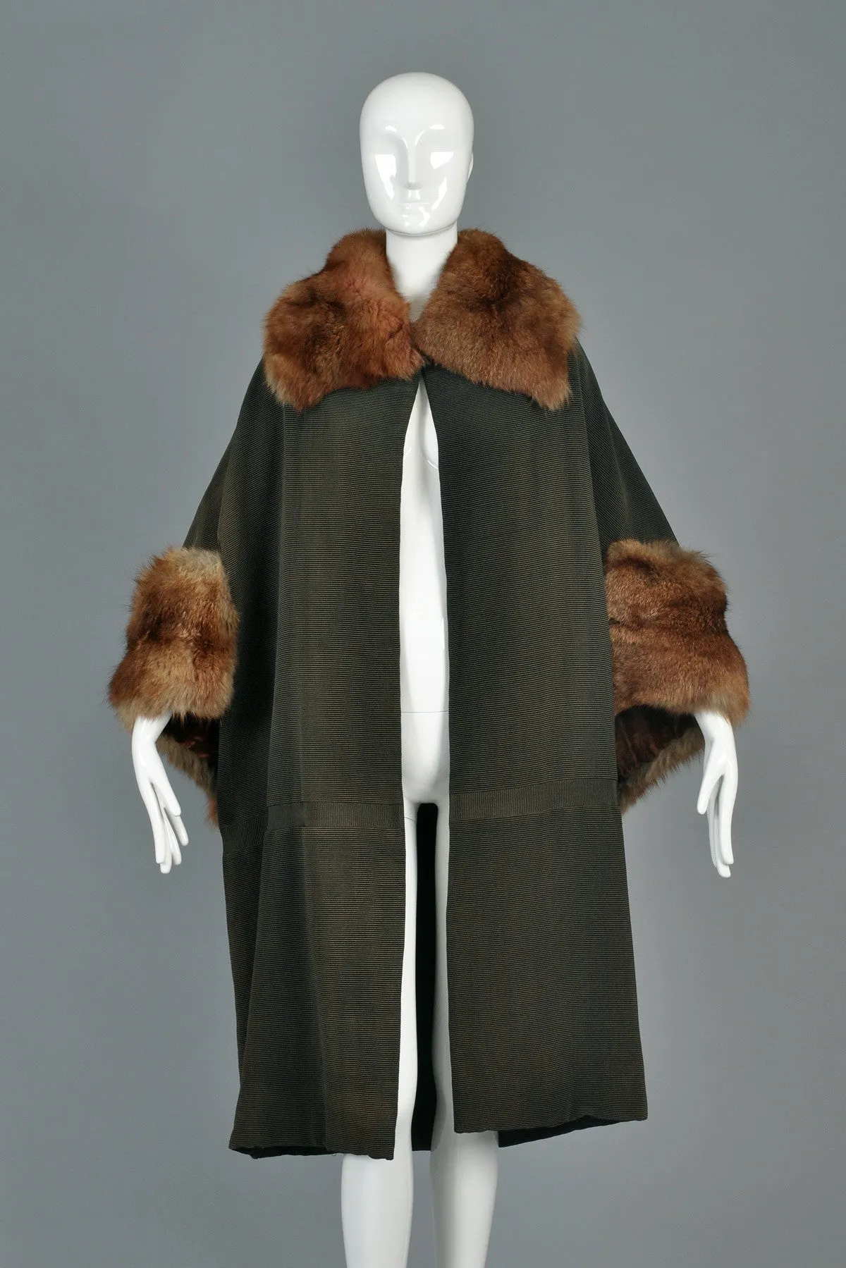 Art Deco Cape-Backed Faille Coat w/Sable Fur Trim