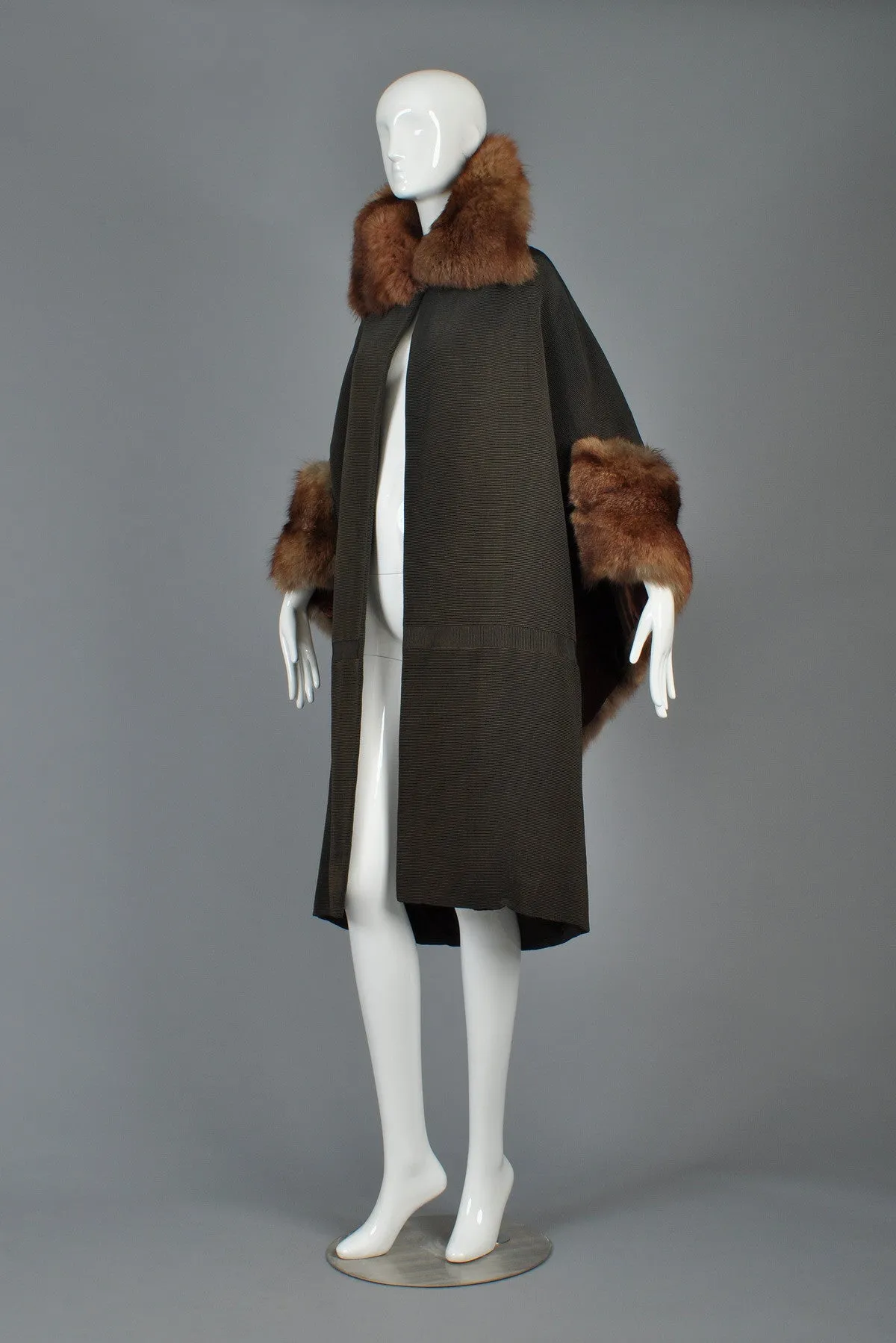 Art Deco Cape-Backed Faille Coat w/Sable Fur Trim