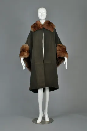 Art Deco Cape-Backed Faille Coat w/Sable Fur Trim