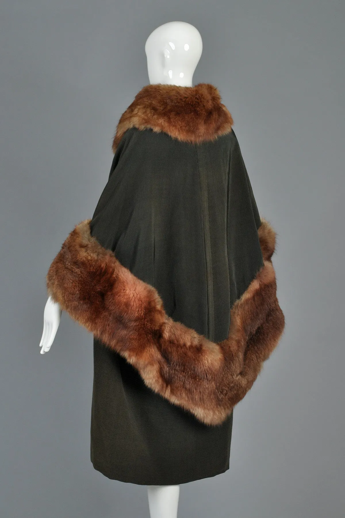 Art Deco Cape-Backed Faille Coat w/Sable Fur Trim