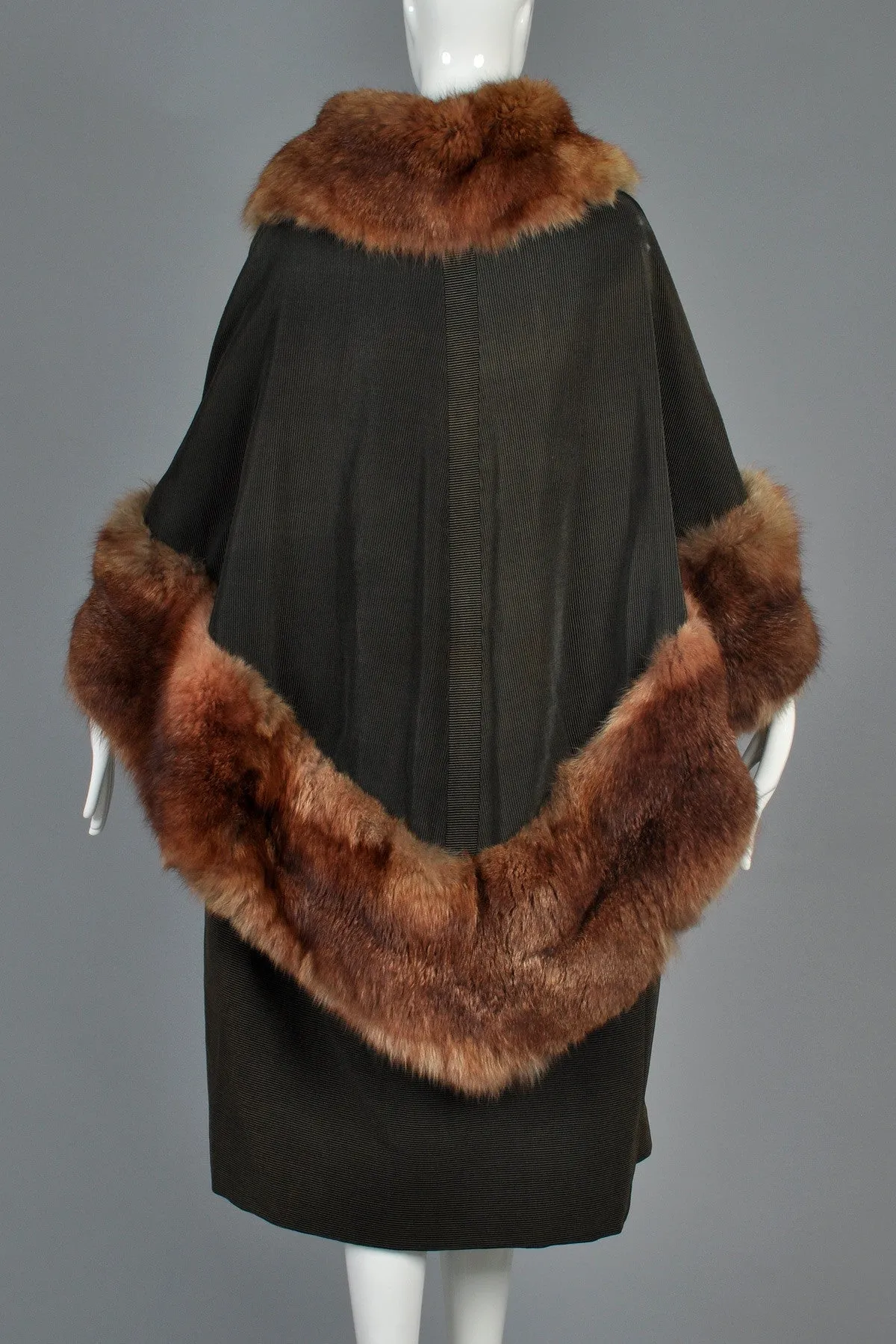 Art Deco Cape-Backed Faille Coat w/Sable Fur Trim