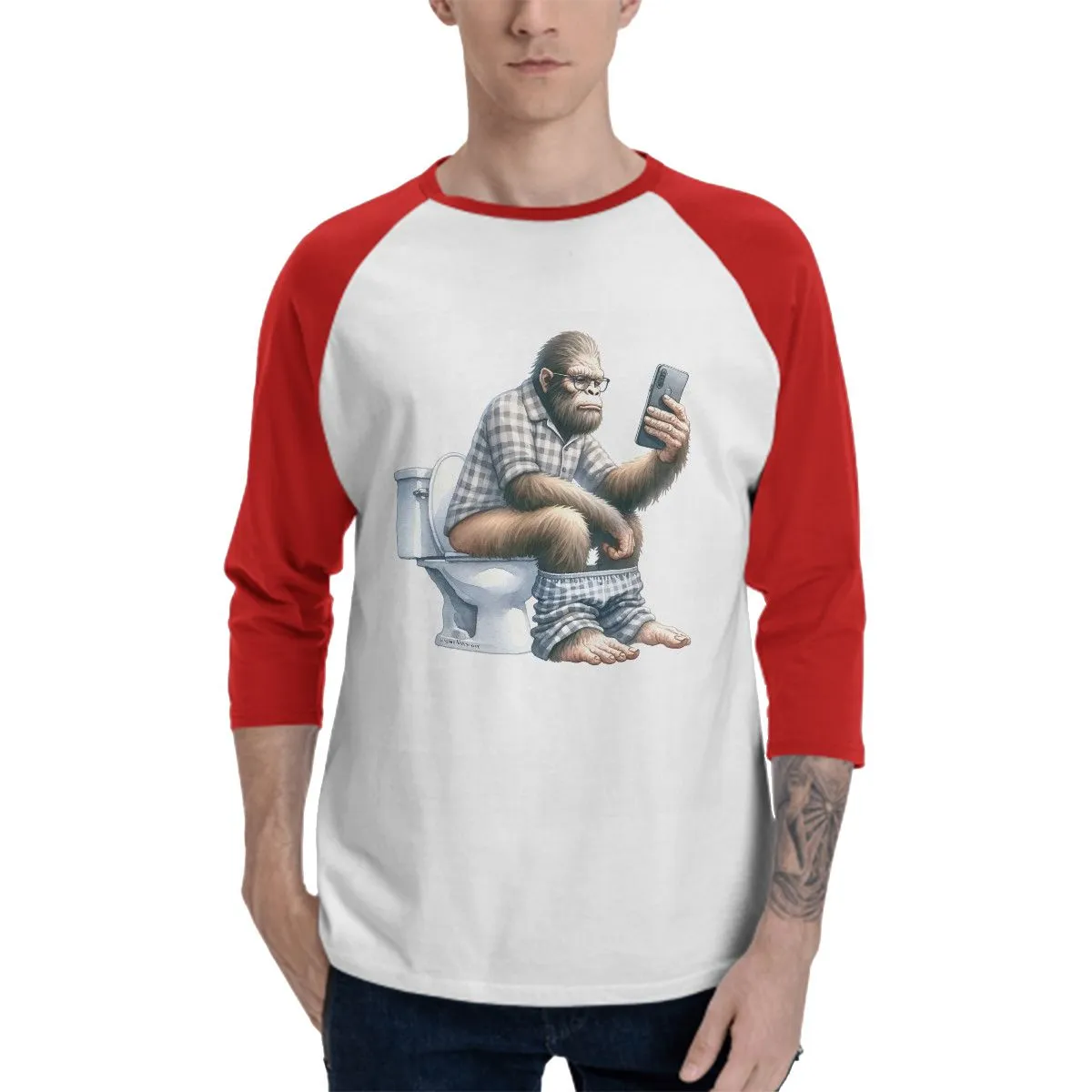 Bigfoot, Sasquatch on Toilet  3/4 Sleeve Cotton Baseball Shirt