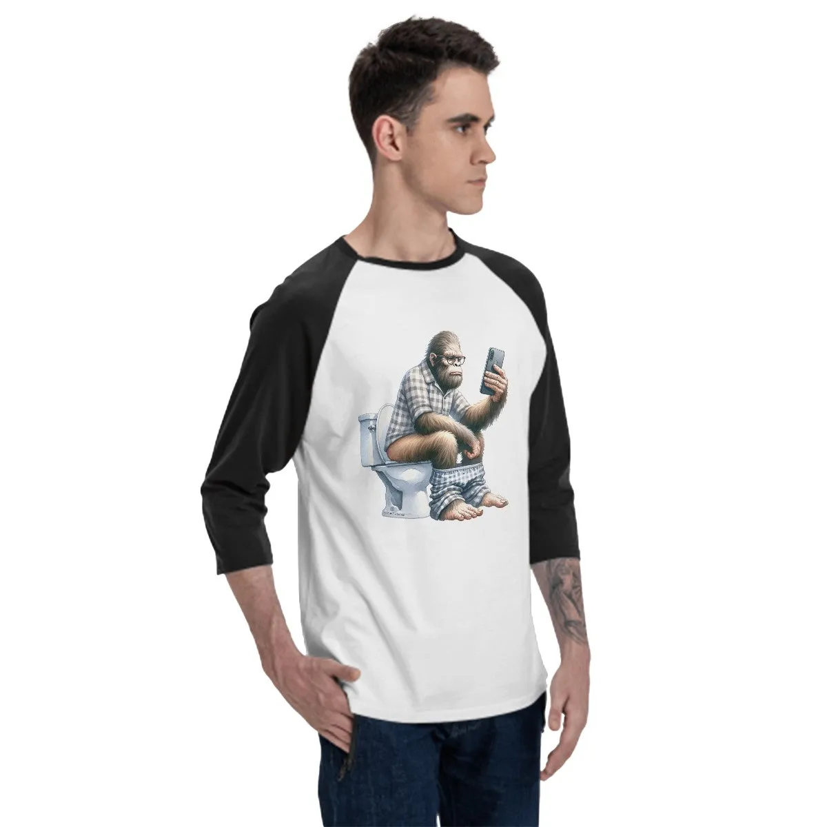 Bigfoot, Sasquatch on Toilet  3/4 Sleeve Cotton Baseball Shirt