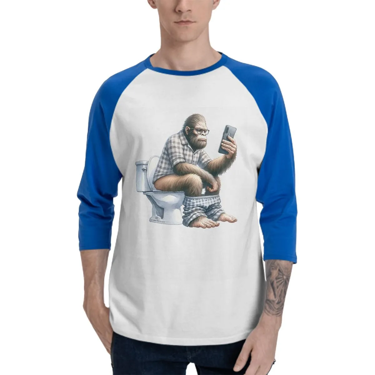 Bigfoot, Sasquatch on Toilet  3/4 Sleeve Cotton Baseball Shirt