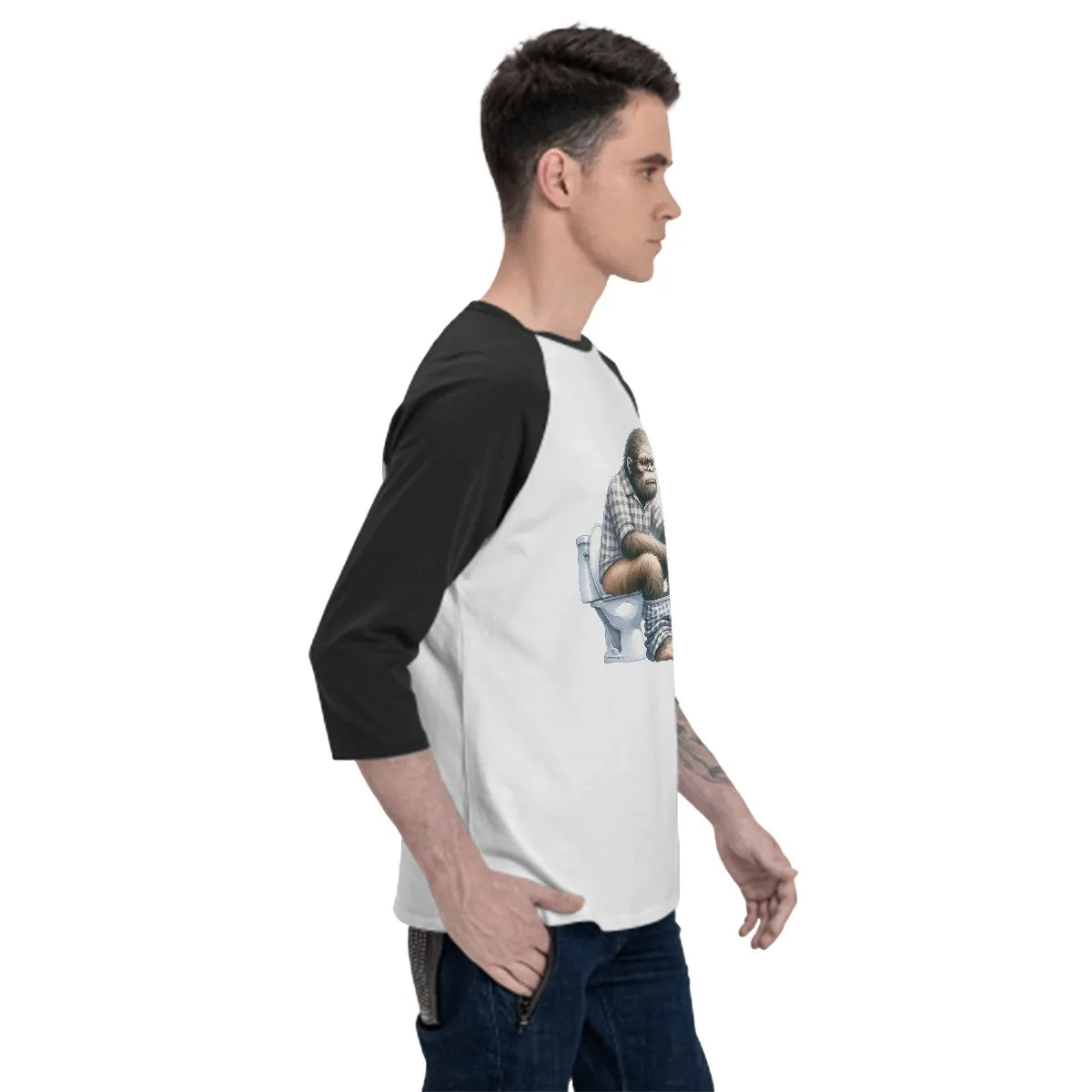 Bigfoot, Sasquatch on Toilet  3/4 Sleeve Cotton Baseball Shirt