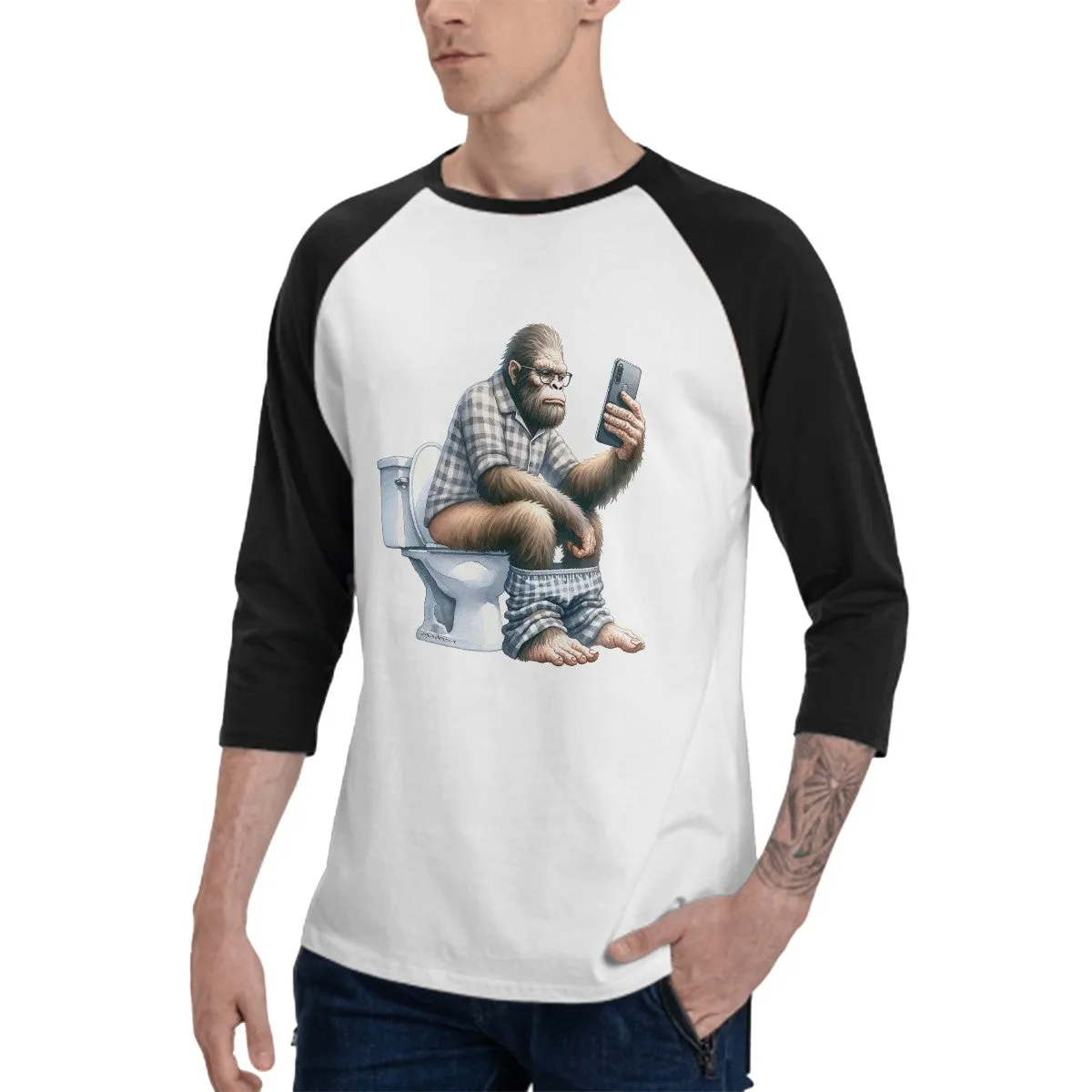 Bigfoot, Sasquatch on Toilet  3/4 Sleeve Cotton Baseball Shirt