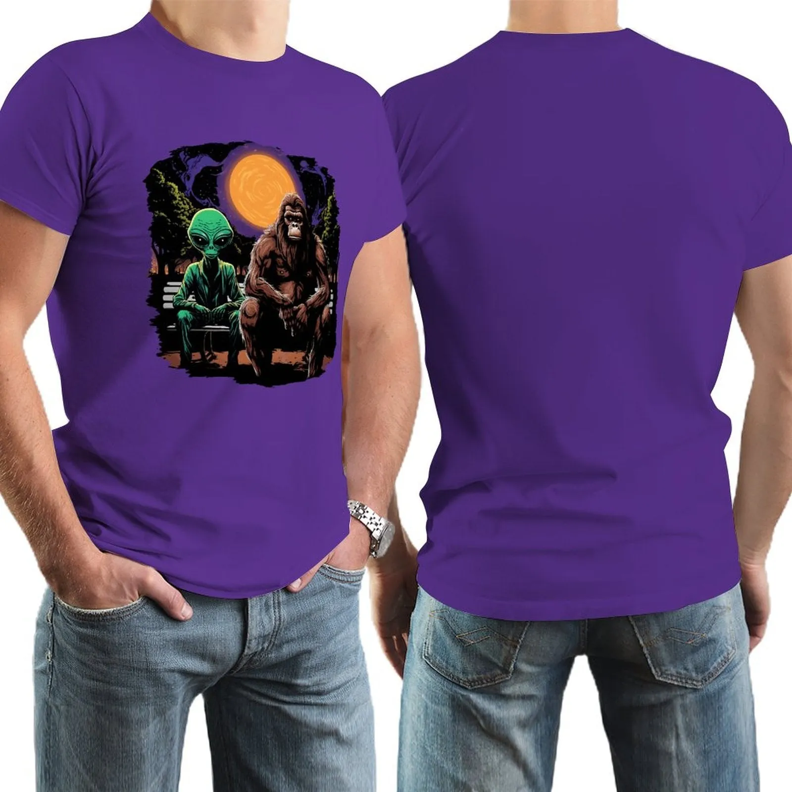 Bigfoot, Sasquatch with Alien, Short Sleeve Cotton T-shirt