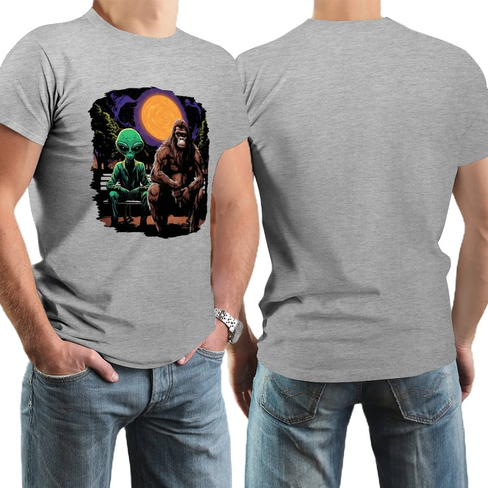 Bigfoot, Sasquatch with Alien, Short Sleeve Cotton T-shirt