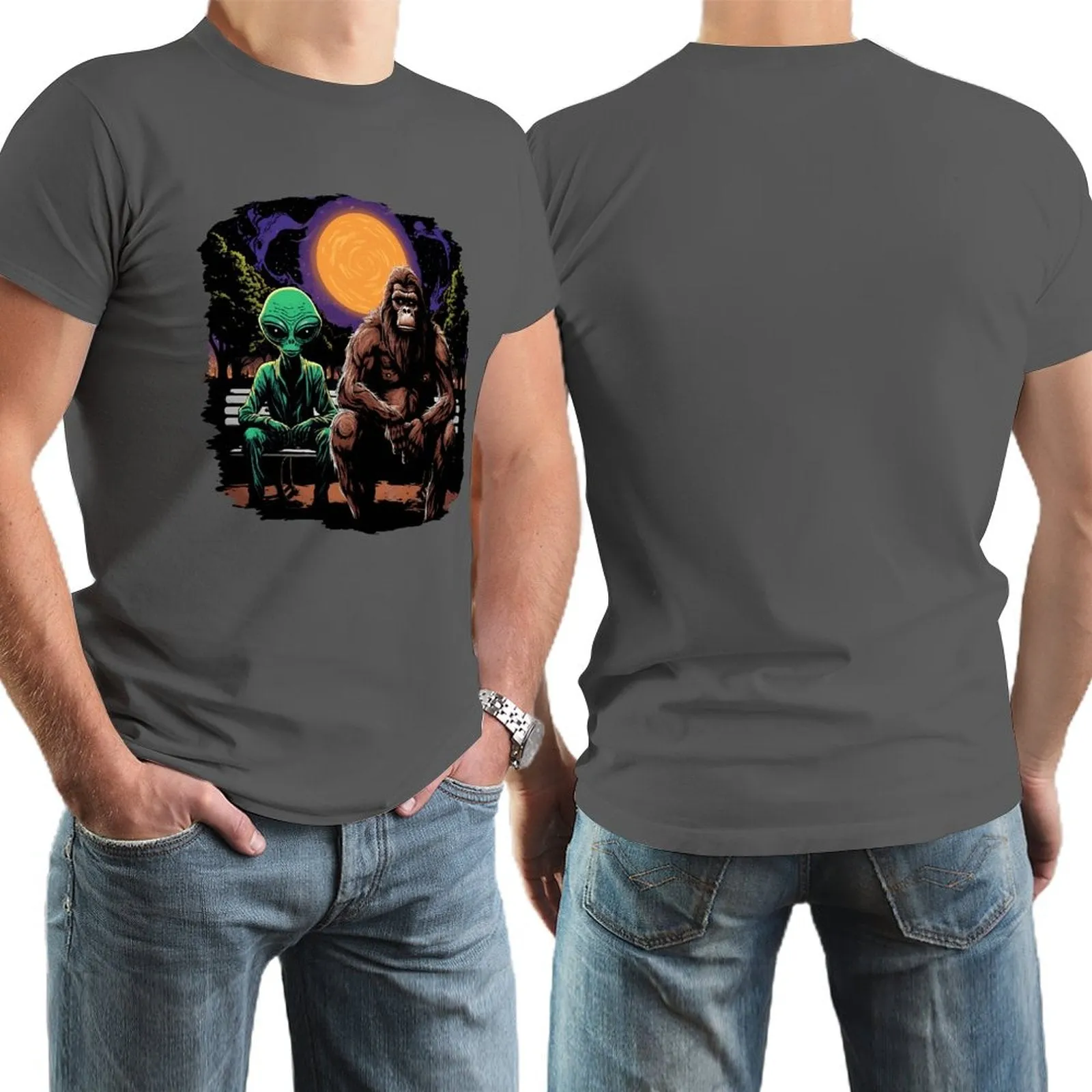 Bigfoot, Sasquatch with Alien, Short Sleeve Cotton T-shirt