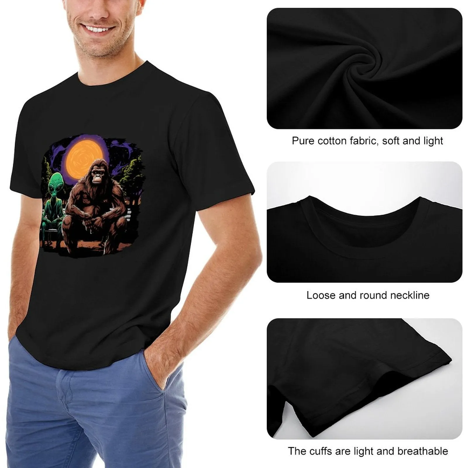 Bigfoot, Sasquatch with Alien, Short Sleeve Cotton T-shirt