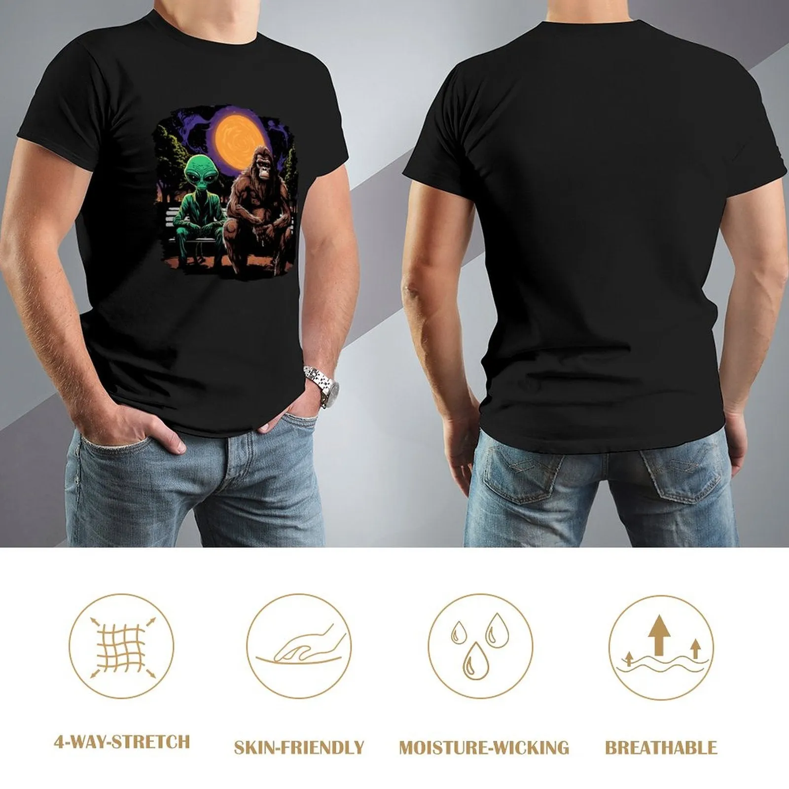 Bigfoot, Sasquatch with Alien, Short Sleeve Cotton T-shirt