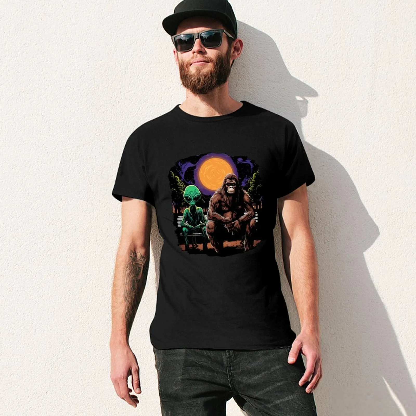 Bigfoot, Sasquatch with Alien, Short Sleeve Cotton T-shirt