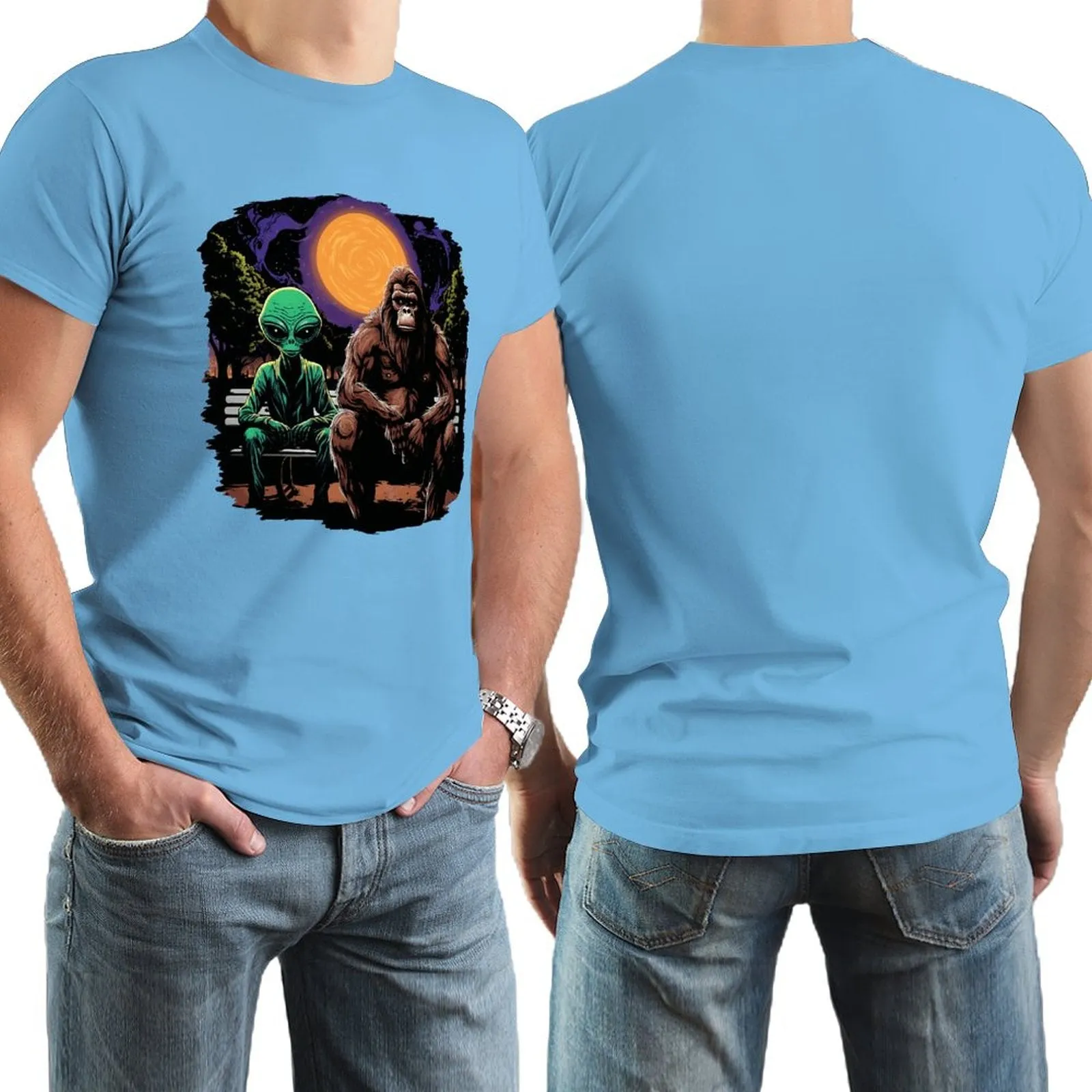 Bigfoot, Sasquatch with Alien, Short Sleeve Cotton T-shirt