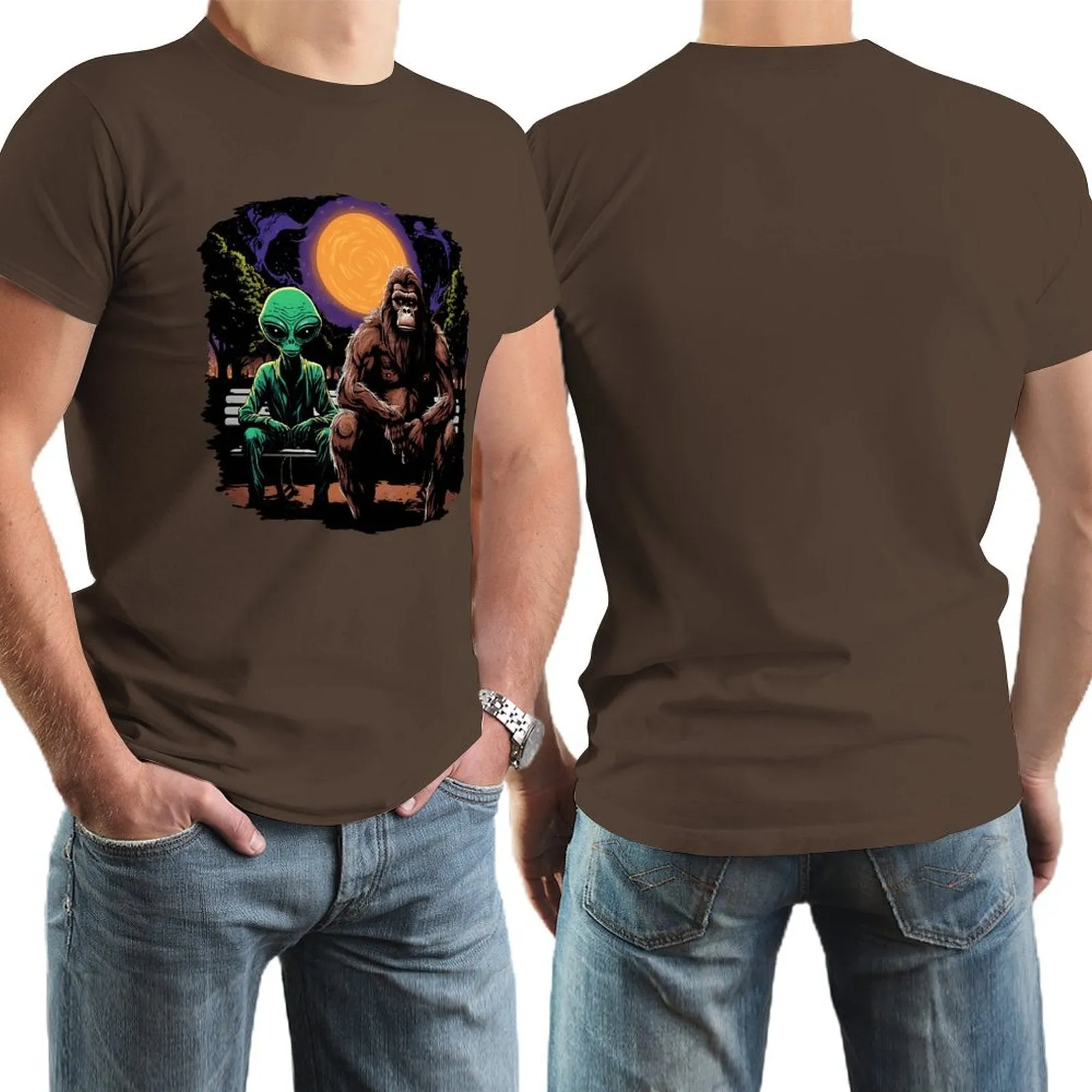 Bigfoot, Sasquatch with Alien, Short Sleeve Cotton T-shirt