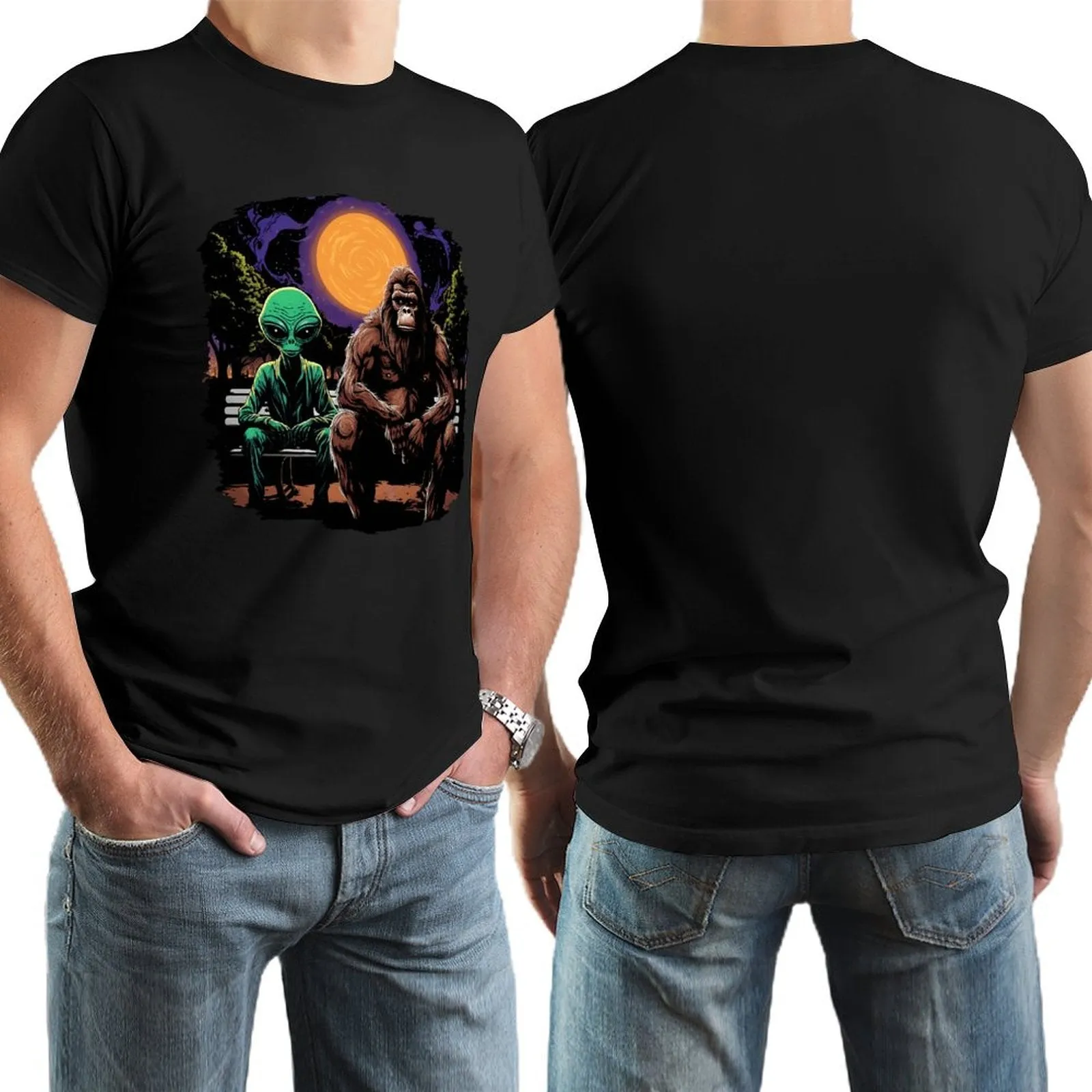 Bigfoot, Sasquatch with Alien, Short Sleeve Cotton T-shirt