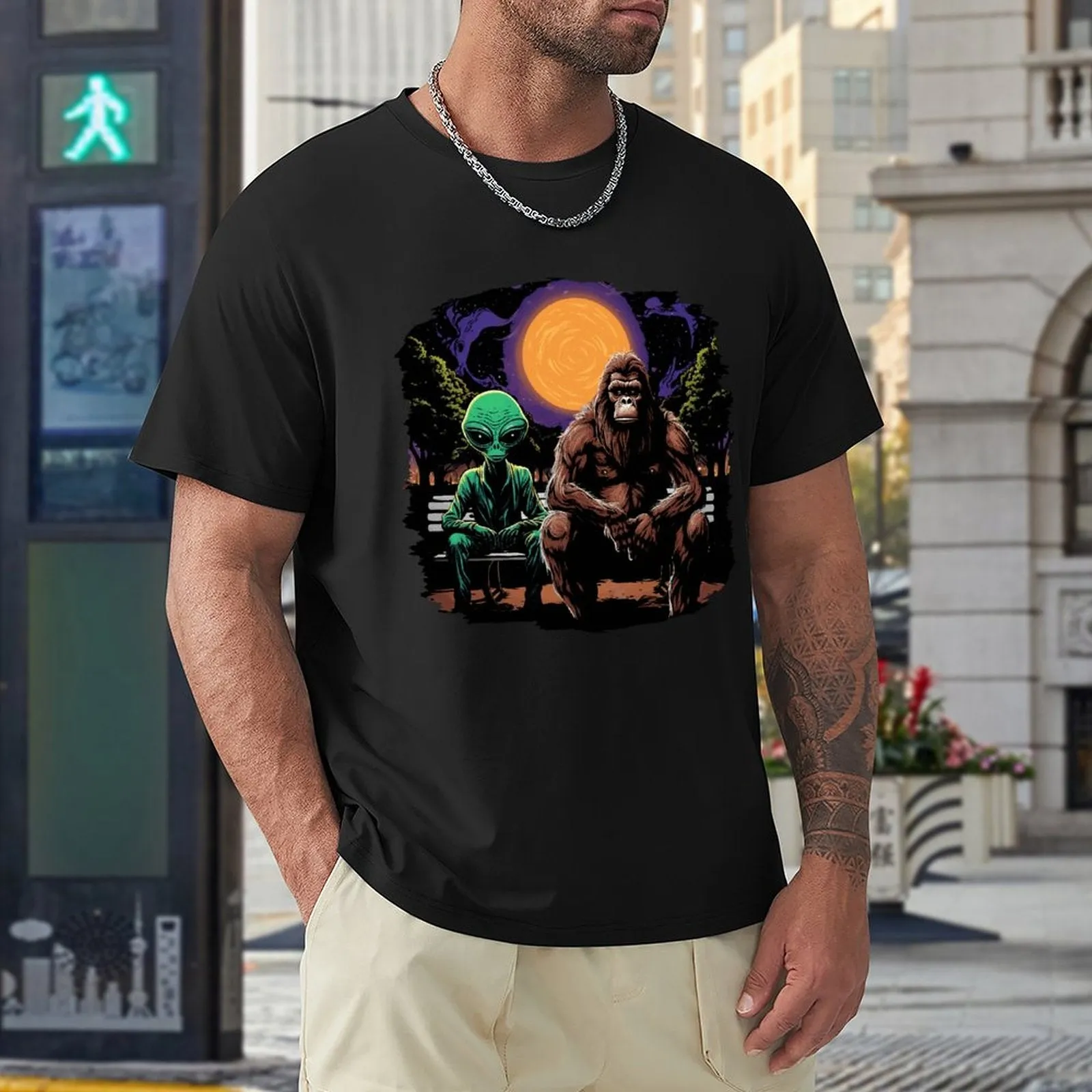 Bigfoot, Sasquatch with Alien, Short Sleeve Cotton T-shirt