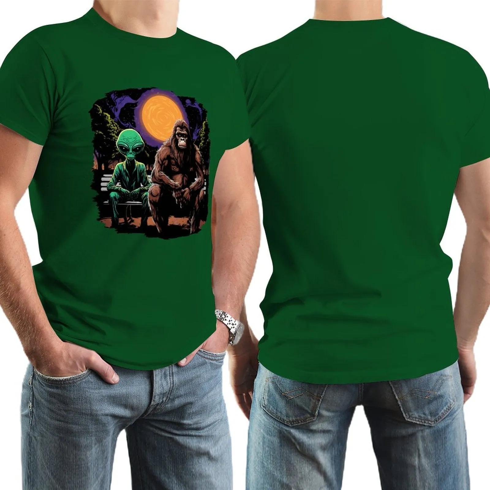 Bigfoot, Sasquatch with Alien, Short Sleeve Cotton T-shirt