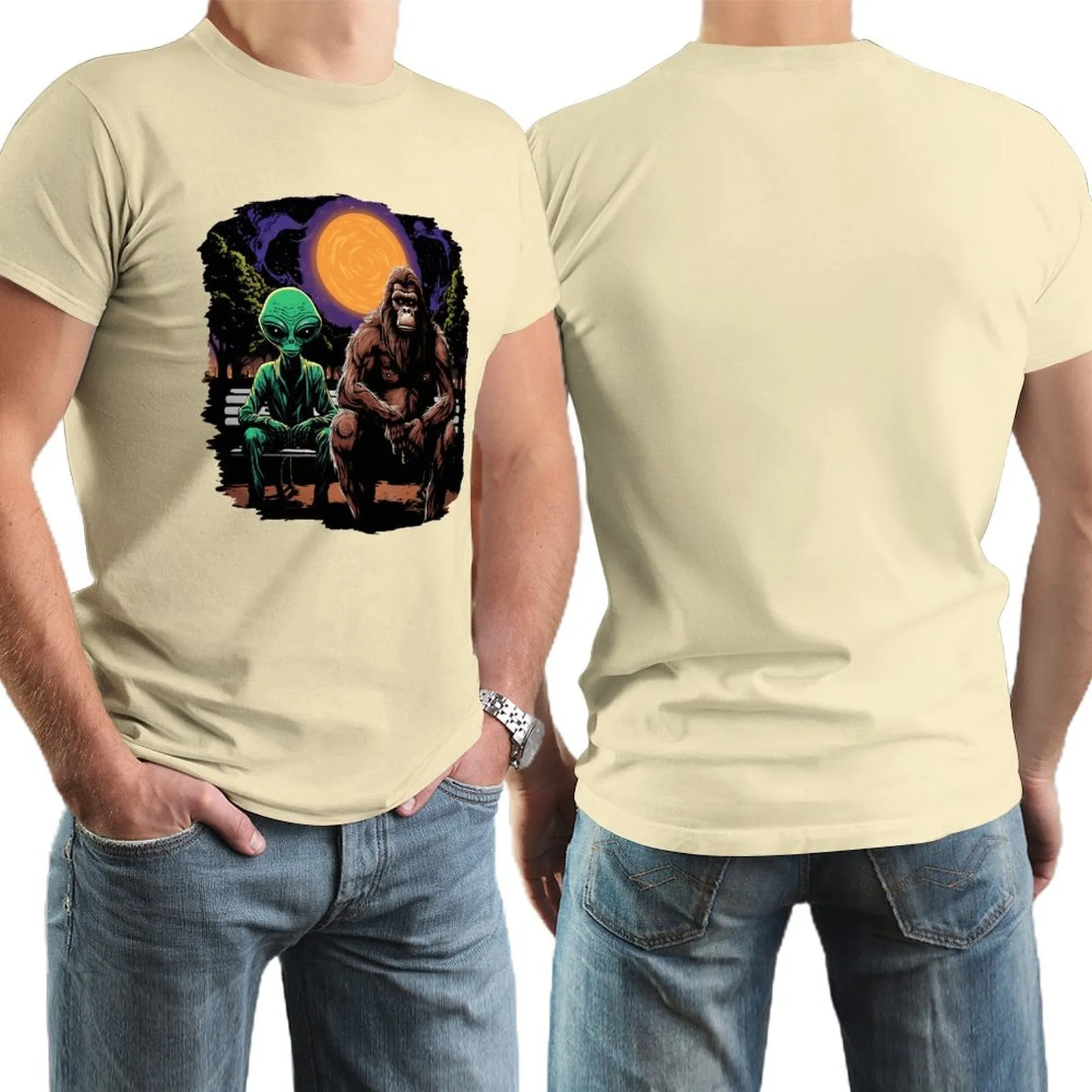 Bigfoot, Sasquatch with Alien, Short Sleeve Cotton T-shirt