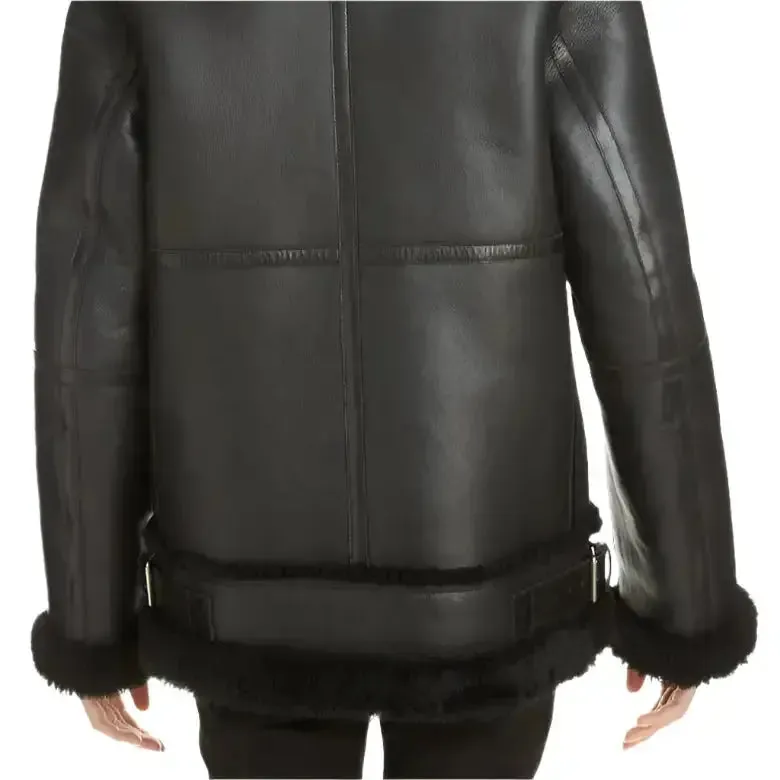 Black Aviator B-3 Sherpa Leather Jacket for Women - Warm & Stylish
