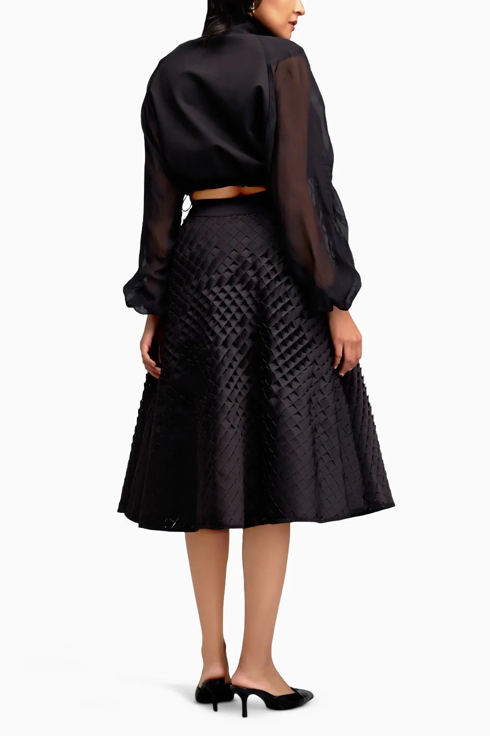 Black Cropped Jacket with 3D Textured A line Skirt