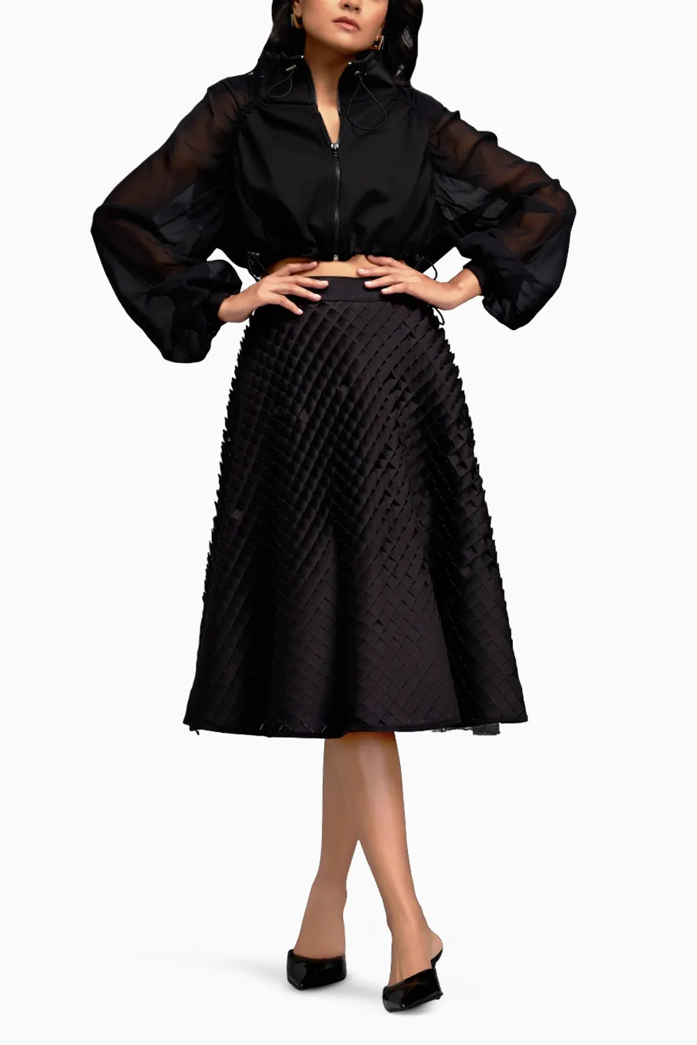 Black Cropped Jacket with 3D Textured A line Skirt