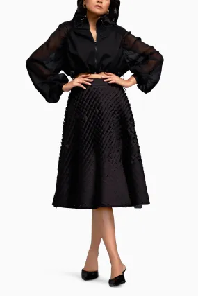 Black Cropped Jacket with 3D Textured A line Skirt