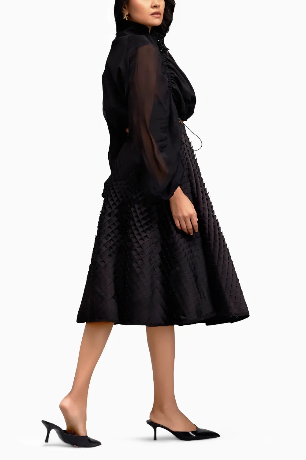Black Cropped Jacket with 3D Textured A line Skirt