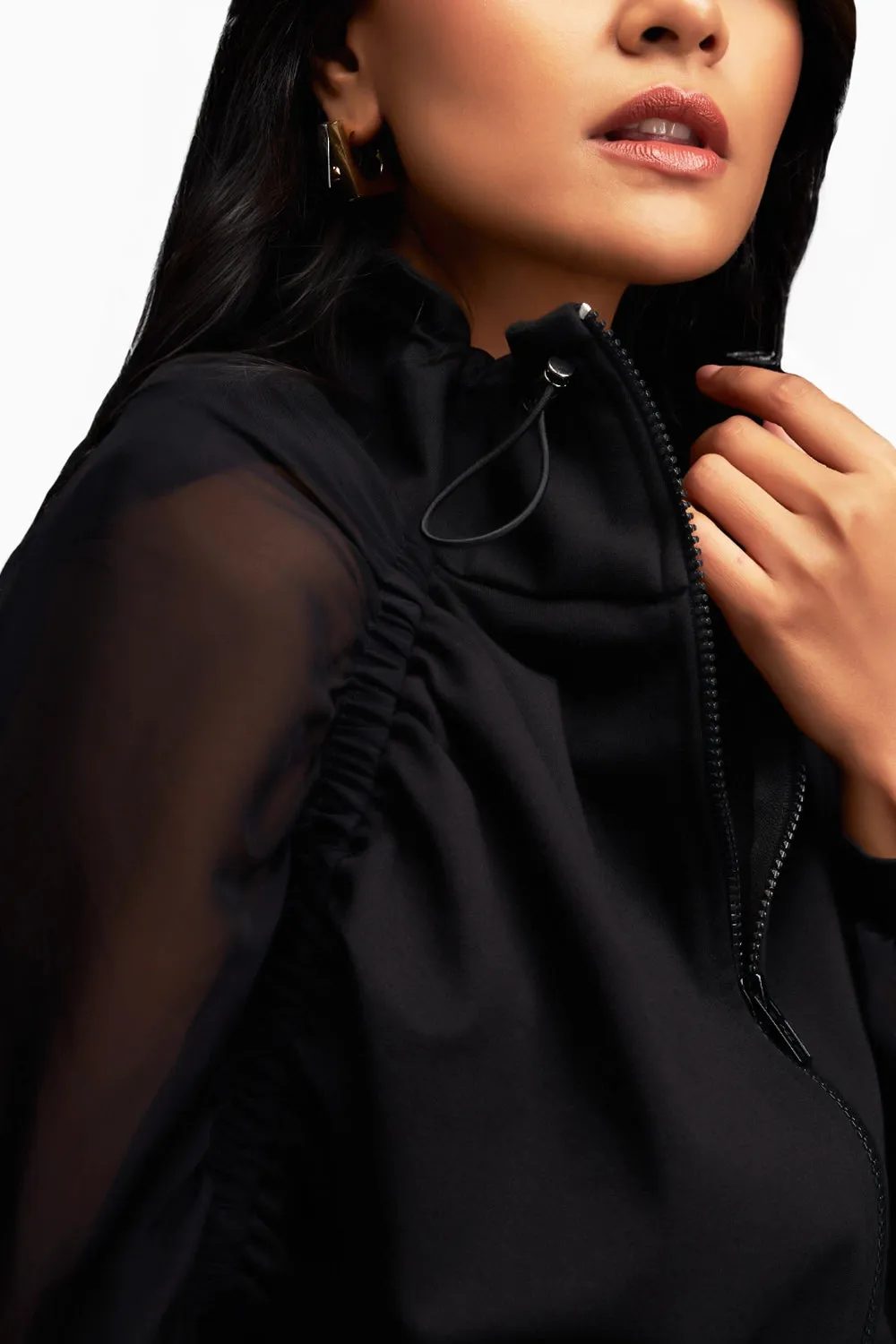 Black Cropped Jacket with 3D Textured A line Skirt