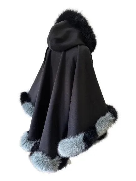 Black Women Winter Coat Cape Trim Fox Fur, Winter Women's Poncho Jacket lined, Warm Women's coat with a hood