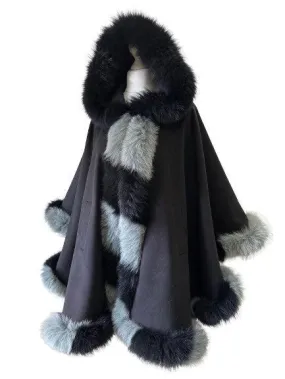 Black Women Winter Coat Cape Trim Fox Fur, Winter Women's Poncho Jacket lined, Warm Women's coat with a hood