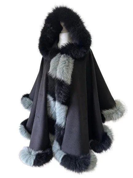 Black Women Winter Coat Cape Trim Fox Fur, Winter Women's Poncho Jacket lined, Warm Women's coat with a hood