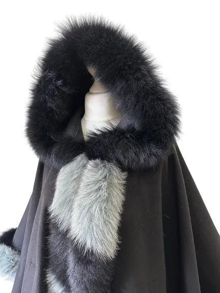 Black Women Winter Coat Cape Trim Fox Fur, Winter Women's Poncho Jacket lined, Warm Women's coat with a hood