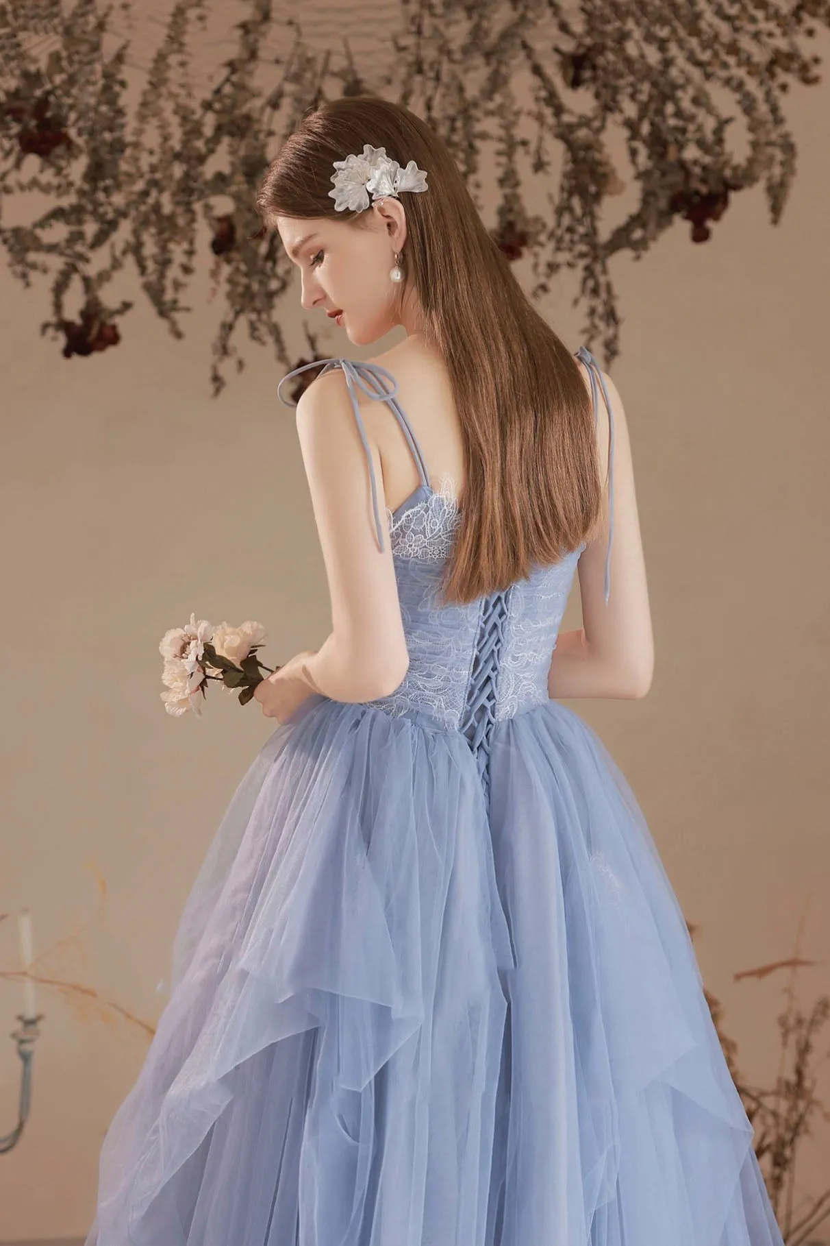 Blue Spaghetti Straps Lace Long Formal Dress, Blue A-Line Evening Party Dress